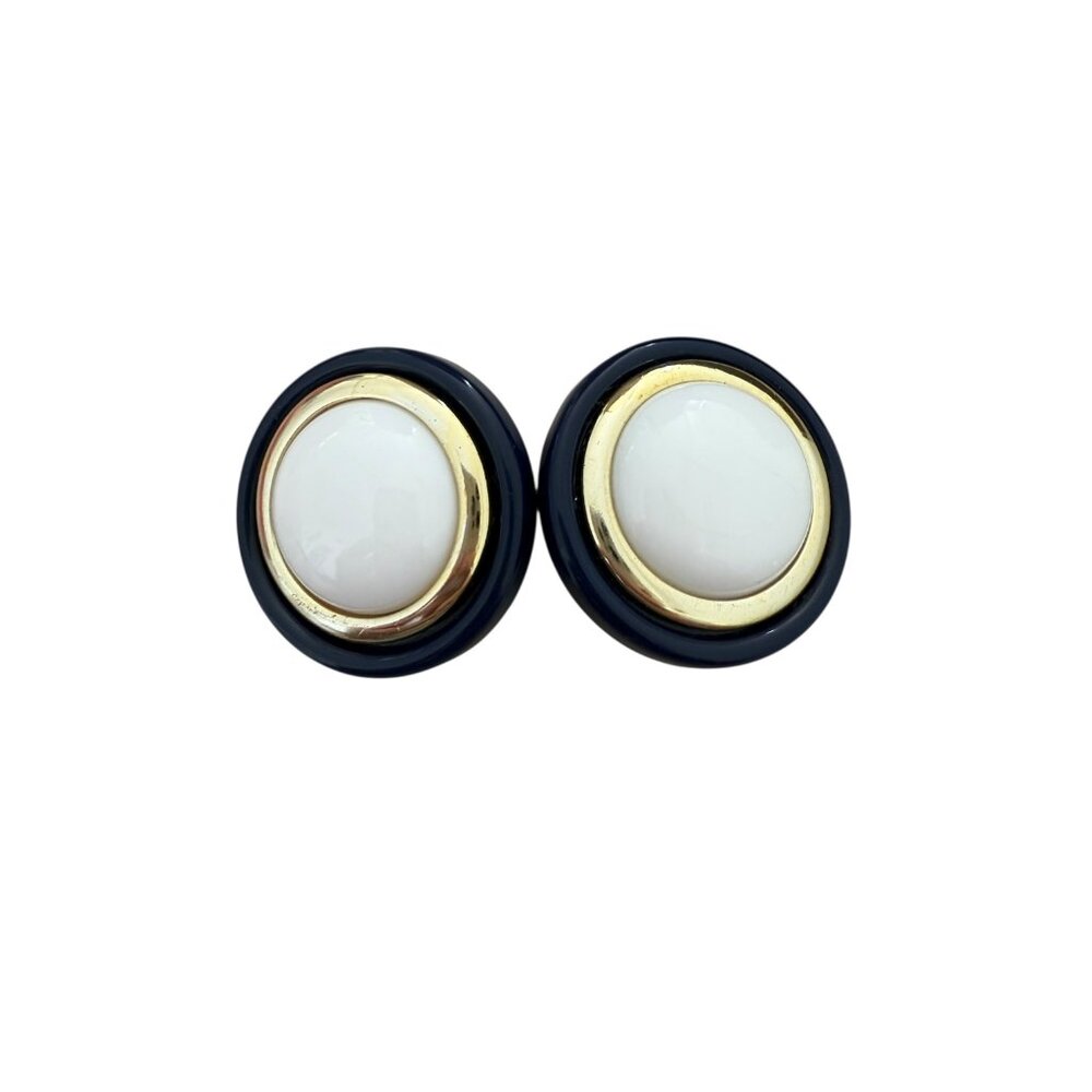 Vintage Large Size Round Blue, White, Gold Lucite Plastic Pierced Earrings 80s